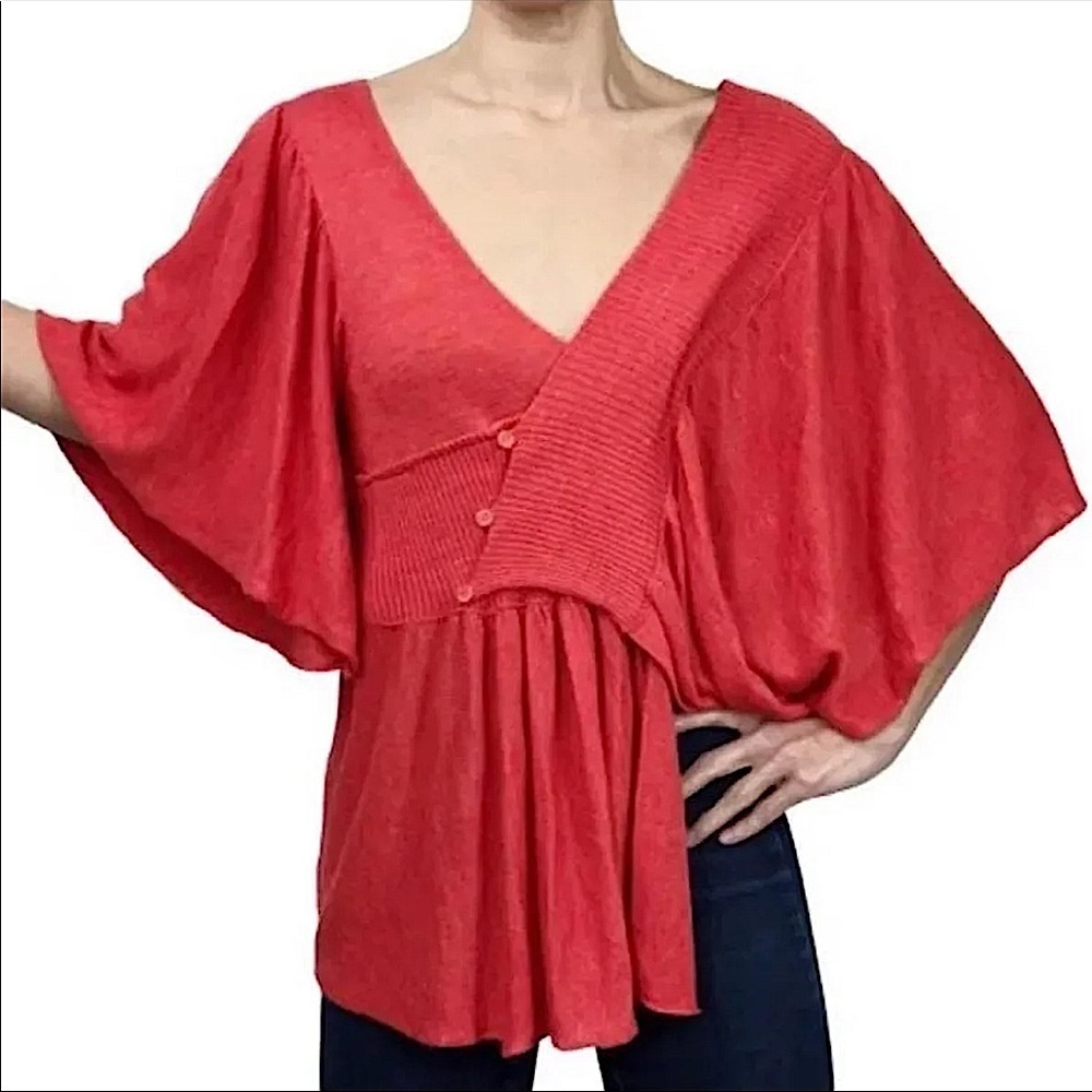 Anthropologie Moth Taupo Coral Red Asymmetrical Ruffle Kimono Cardigan Sweater